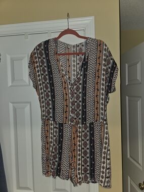 Boho Stripe V-Neck Romper in Ivory and Tan